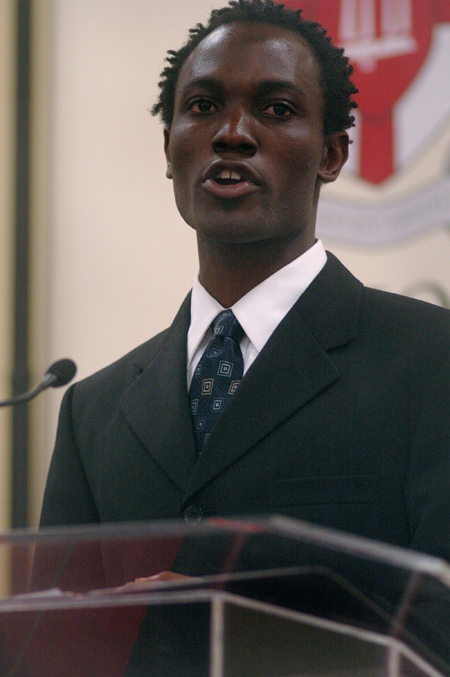 Electrical Engineering alum Kolo Goshi spoke on taking the leap at the Scholarship Symposium reception. - Photo by Kyle Kurlick
