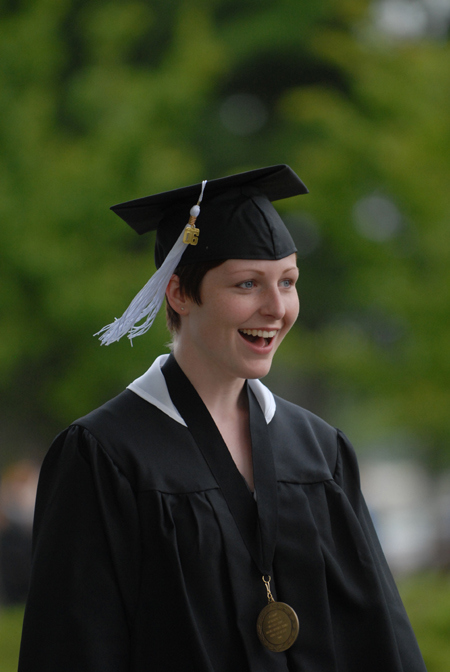 Jill Hickman Zimmer, Christian ethics major, makes her way to the Great Lawn for the spring graduation ceremony. - Photo by Kathleen Murray