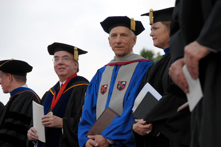 Commencement speaker Paul Corts (center), talks with Union Provost Carla Sanderson (right) and President David S. Dockery prior to the start of graduation ceremonies. Corts had been announced as the new president of the Council for Christian Colleges and Universities a few weeks prior to the event. - Photo by Morris Abernathy