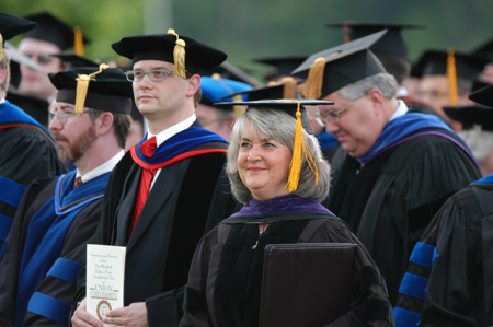 Judy Fletcher, president of the Union University National Alumni Association, wasn't able to give the charge to the graduates because of the rain storm. - Photo by Morris Abernathy