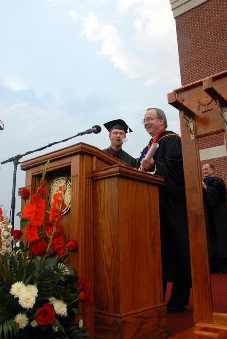 Luke Pruett, senior class president, presented plans for an amphitheatre to be constructed east of Jennings Hall. The amphitheatre is a gift from the Class of 2006. - Photo by Morris Abernathy