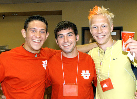 Jordan Hall, Kirk Childers and Graham Stirling get to know each other during New Student Orientation. - Photo by Heather Phillips