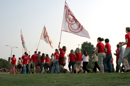 A throng of Union students march to the soccer field from Miller Tower to support the Bulldogs in their soccer match. - Photo by Kyle Kurlick