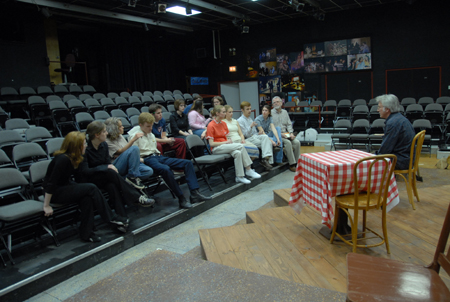 David Burke and the cast of <em>The Spitfire Grill</em> examine their rehearsal. - Photo by Morris Abernathy