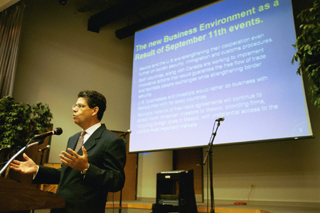 North American Free Trade Agreement representatives from Canada and Mexico spoke at Union on <i>NAFTA and Free Trade in the Americas</i>.  Pictured here is Raul Urteaga, the economic counselor at the NAFTA Office at the Mexican Embassy in Washington, D.C. - Photo by Justin Veneman