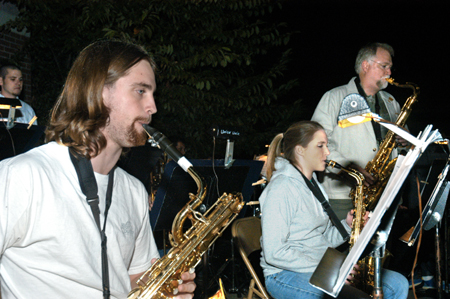 The jazz band performs on the Student Union Building patio during Family Weekend.  Pictured are Andrew McBride, Jennifer Hamman and Dr. David McClune. - Photo by Brad Moore