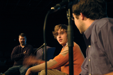 Nic Pfost (center) talks about his films to host Cam Tracy (left) and Kyle Rains (right) during the Union Student Film Festival Director's Talk.  - Photo by Brad Moore