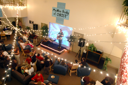 Students gather in the McAfee commons for the annual Mochafee coffee house to enjoy hot drinks and  performances by Union musicians such as Freshman Stephen Lynch.  - Photo by Kristen Nicole Sayres