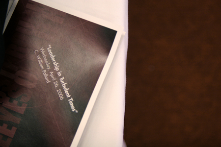 The program from the Business Through the Eyes of Faith luncheon featuring C. William Pollard, the former chief executive officer of The ServiceMaster Company. - Photo by Kyle Kurlick