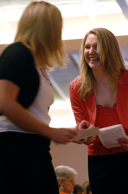 Jennifer Hamman (right) presents Beth McDowell with The Kappa Delta Memorial Scholarship during the Awards Day ceremony. - Photo by Stephanie Schroeder