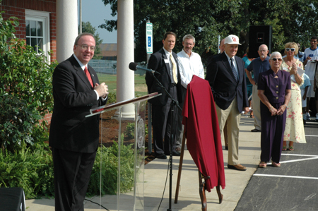 President David S. Dockery speaks at the Fesmire Field House dedication Aug. 5. - Photo by Jim Veneman