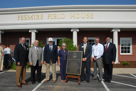 At the Fesmire Field House dedication Aug. 5, pictured from left: Bob Cambell, Union trustee; David Blackstock, Union athletic director; Benny Fesmire; Norma Fesmire; Gary Carter, Union senior vice president for business and financial services; Mike Gardner, of MG Construction Co.; and Charles Fowler, Union senior vice president for university relations. - Photo by Morris Abernathy