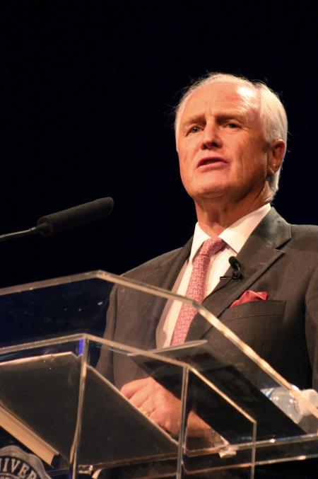 Winston S. Churchill shares memories of his grandfather and namesake, as well as his views on world politics and the war in Iraq, as guest speaker at Union's tenth annual scholarship banquet. - Photo by Stephanie Schroeder