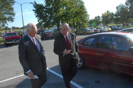 President Dockery and Winston Churchill approach the administrative offices on Union's campus. - Photo by Morris Abernathy