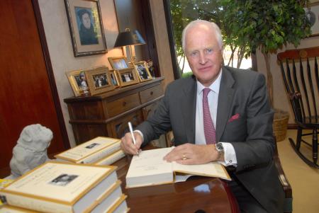 Winston Churchill spends some time in President Dockery's office signing books before his address at the Tenth Annual Scholarship Banquet. - Photo by Morris Abernathy