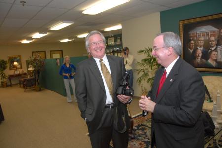 President Dockery and Photographer Jim Veneman enjoy a moment shortly before Churchill's visit for the Tenth Annual Scholarship Banquet. - Photo by Morris Abernathy