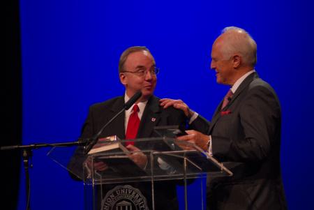 President Dockery presented Winston S. Churchill with a DVD copy of <em>The $64,000 Question</em> that featured his grandfather during the Tenth Annual Scholarship Banquet.  - Photo by Morris Abernathy
