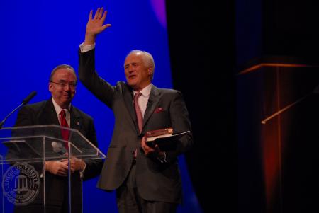 Winston S. Churchill gives a fond farewell to the audience at the Tenth Annual Scholarship Banquet. - Photo by Morris Abernathy