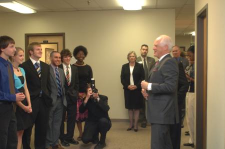 Winston Churchill meets with a group of students before speaking at the Tenth Annual Scholarship Banquet. - Photo by Holly Gushee