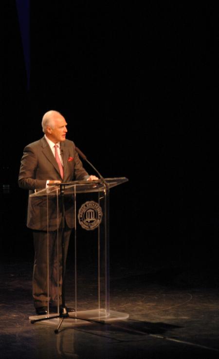 Winston S. Churchill shared memories of his grandfather and namesake and gave his opinions on the state of Europe, U.K. and U.S.A. political relations at the Tenth Annual Scholarship Banquet. - Photo by Holly Gushee