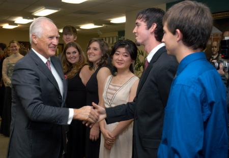 Winston Churchill greets Union senior Andy Robinette and other Union students upon his arrival on campus. - Photo by Kyle Kurlick