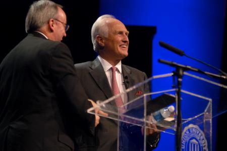 President Dockery gave Winston S. Churchill a Bible and <em>So Great a Cloud of Witnesses</em>, a book on Union's history, as a thank you gift for presenting at the Tenth Annual Scholarship Banquet.  - Photo by Kyle Kurlick