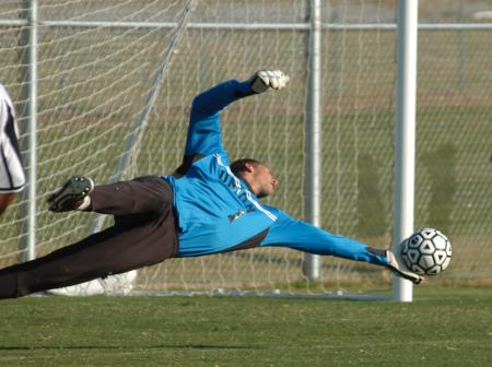 Chris Lean makes a save during Union's 1-1 double overtime tie versus No. 7 Mid-Continent. - Photo by Steven Aldridge
