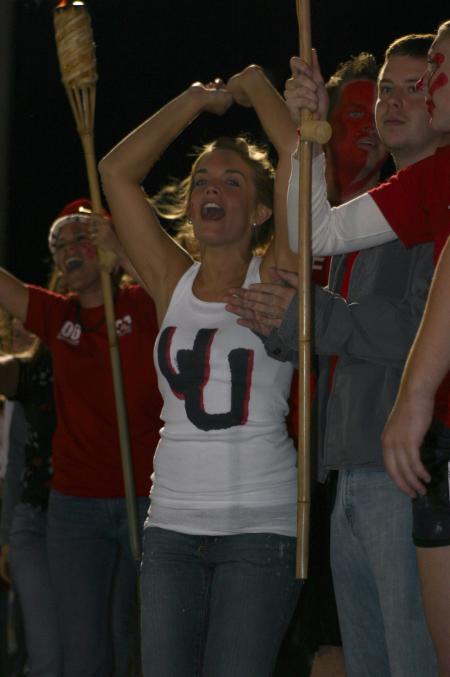 Sophomore Heather Childers cheers on the men's soccer team as they play Lindsey Wilson. - Photo by Stephanie Schroeder