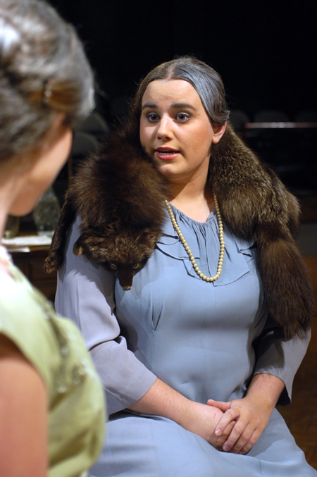 Carrie Wheeler as Lady Cynthia Hayling chats with Amy Calvert as Felicity in <i>Relative Values</i>. - Photo by Jim Veneman