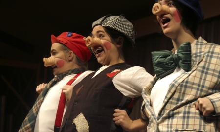 Emily Watlington, Kali Wagner and Ashley Diehm star as the three little pigs Amadeus, Marcellus and Bartholomew in <em>The Trial of the Big Bad Wolf</em>.  - Photo by Kyle Kurlick