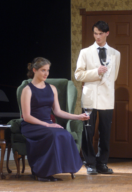 Amy Calvert as Felicity, Countess of Marshwood interacts with Jesse Florida as Honorable Peter Englelton in <i>Relative Values</i>. - Photo by Jim Veneman