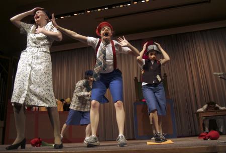 Caitlin Riggs, Emily Watlington, Kali Wagner and Ashley Diehm re-enact for the jury the wolf's side of the story in the Union University Players production of <em>The Trial of the Big Bad Wolf</em>. - Photo by Kyle Kurlick