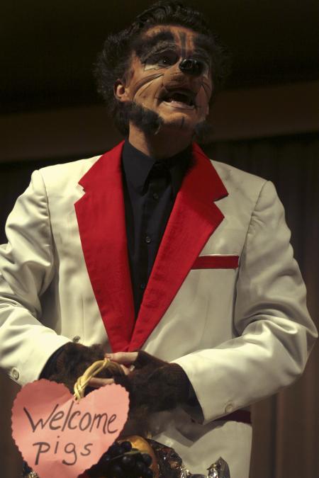 The wolf, played by Andy Morris, shares his side of the story in the Union University Players production of <em>The Trial of the Big Bad Wolf</em>. - Photo by Kyle Kurlick