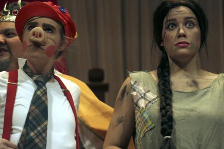 Emily Watlington as Amadeus the Pig and Natalie Newberry as Cinderella in the Union University Players' production <em>The Trial of the Big Bad Wolf</em>. - Photo by Kyle Kurlick