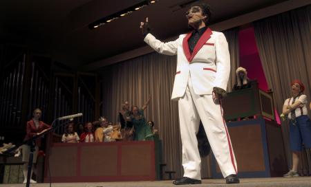 The wolf (Andy Morris) defends his case to the jury in <em>The Trial of the Big Bad Wolf</em>. - Photo by Kyle Kurlick