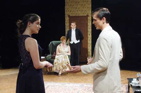 Ryan Schunemann as Don Lucas speaks to Amy Calvert as Felicity, Countess of Marshwood while Patrick Myers as Nigel, Earl of Marshwood and 
Emily Brown as Miranda Frayle look on in <i>Relative Values</i>.  - Photo by Jim Veneman