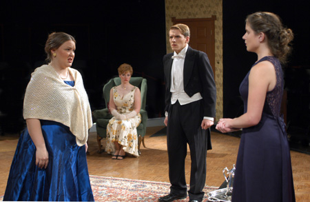 The Union University Players present the British comedy <i>Relative Values</i> with Lindsey Garner as Mrs. Dora Moxton; Emily Brown as Miranda Frayle; Patrick Myers as Nigel; and Amy Calvert as Felicity. - Photo by Jim Veneman
