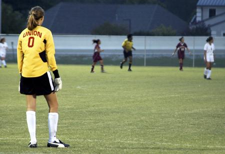 Lady Bulldog goalkeeper Laura Pla stands ready to defend the goal.  - Photo by Matthew Diggs