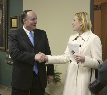 Dean of Students Kimberly Thornbury welcomed Jerry Tidwell to Union during a reception held after chapel outside the President's Office. - Photo by Stephanie Schroeder