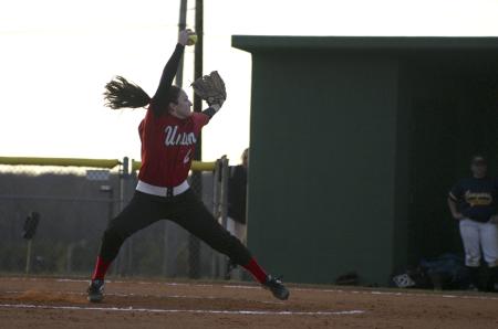 Sophomore Bethany Burnett pitched two strikeouts during a game against Spring Arbor University, Mich. The Lady Bulldogs finished the game with a 1-0 victory. - Photo by Stephanie Schroeder