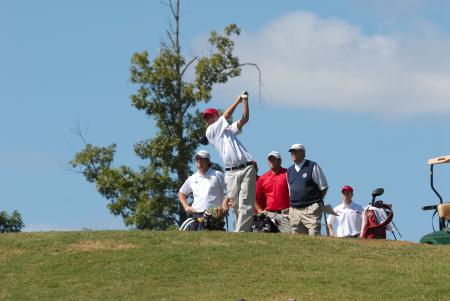 Mickey Armstrong watches his drive from a tee box during the Union Invitational at Falcon Ridge Golf Club. - Photo by Morris Abernathy