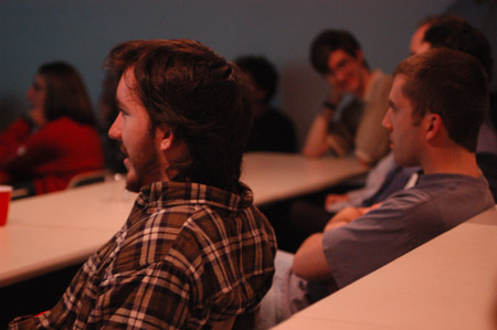 Brothers Jonathan and Joel Callis listen intently to Kirby Atkins during his talk on computer animation and digital filmmaking. - Photo by Cam Tracy