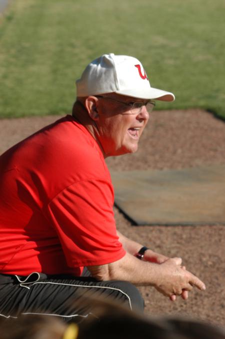 Union softball coach and athletic director David Blackstock encourages his players during a game at Fesmire Field. - Photo by Steven Aldridge