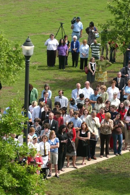 The Union community filled the sidewalks outside of White Hall during the dedication ceremony. - Photo by Stephanie Schroeder