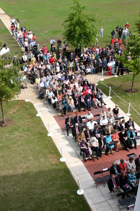 The Union community filled the sidewalks outside of White Hall during the dedication ceremony. - Photo by Stephanie Schroeder