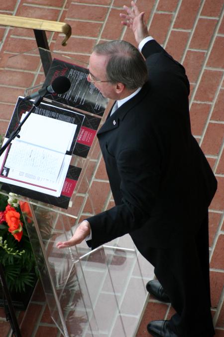 President Dockery presents stats about White Hall during the dedication.  The $20 million building contains 1400 drawers and a $4.2 million HVAC system that re-circulates air every 8 minutes. - Photo by Stephanie Schroeder
