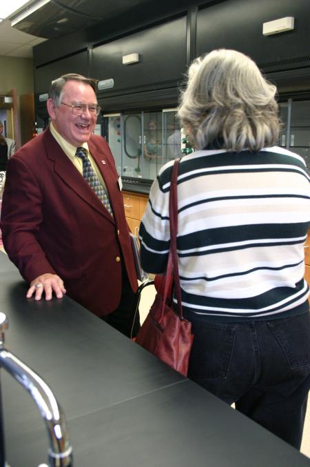 Charles Baldwin, the O.P. and Evalyn Hammons University Professor of Pre-Medical Studies, helped first-time visitors to White Hall see the advantages of this new $20 million facility.  - Photo by Stephanie Schroeder