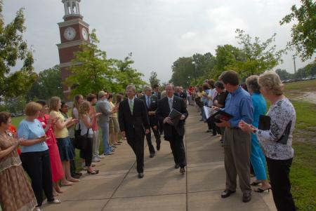 Union University President David S. Dockery and Board of Trustees Chairman Harry Smith join Roy and Marth White at the head of a processional to the front steps of White Hall. The new science building--named in honor of the Whites as lead donors--will house the school of nursing and the departments of biology and chemistry. - Photo by Morris Abernathy