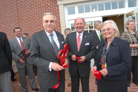 Bob Campbell, chairman of the Union 2010 master plan committee, fellowships with Roy and Martha White after the dedication of White Hall. - Photo by Morris Abernathy