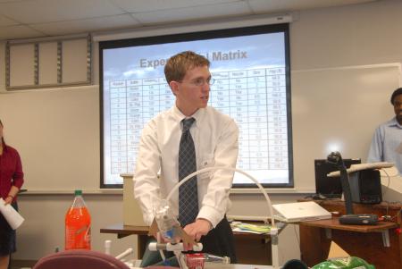 Senior Engineering Major Josh Shrewsberry presents on <em>Perfecting the Performance of a Water-Rocket</em> at the 2007 Scholarship Symposium. - Photo by Morris Abernathy